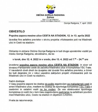 OBVESTILO - Popolna zapora mestne ulice CESTA NA STADION, 12. in 13. aprila 2022